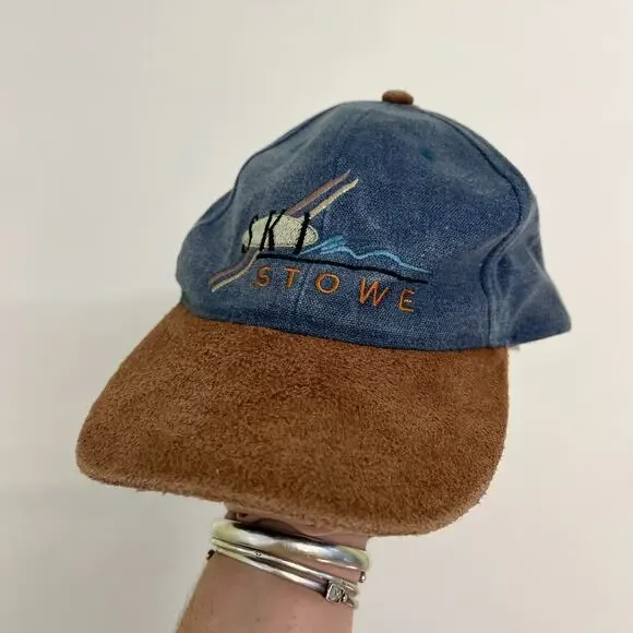 EXP Headwear denim blue tan suede vintage Ski Stowe Vermont suede baseball hat